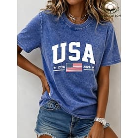 Jour de l'Indépendance Américaine Femmes 100% Coton T-shirt Hauts effet délavé vintage Imprimé Graphique Drapeau Élégant Basique Occasionnel Manche Courte Col