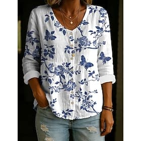 Femmes Chemise Boutons Fleuri Graphique Élégant Bohème Vacances manche longue Col en V Hauts Réguliers Occasionnel Bleu Rose Claire Rouge Été Printemps