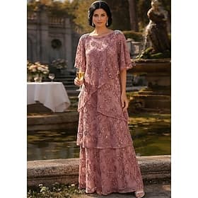 Ligne A Longueur au sol Robe de Mère de Mariée Manche Courte Demi Manches Col Bateau Élégant Formel robe demoiselle d honneur Dentelle avec Cristaux Volants D