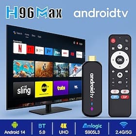 Clé TV Android 14 H96 Max, lecteur multimédia 4K Ultra HD en streaming, puce Amlogic S905L3, double Wi-Fi 2,4 GHz/5 GHz, Bluetooth 5.0, dongle Smart TV avec té