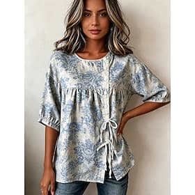 Women's Blouse Drawstring Buttons Floral Graphic Elegant Vacation Vintage 3/4 Length Sleeve Crew Neck Regular Tops Casual Blue Summer Spring