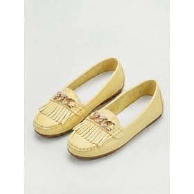 Women's Yellow Soft Faux Leather Loafers – Lightweight Fringe Moccasin Flats with Rhinestone Metal Chain Detail for Travel Walking, Casual Driving Everyday We