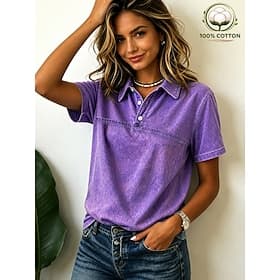 Women's Washed Cotton 100% Cotton Cotton Shirt Solid Color Vintage Fashion Stylish Short Sleeve Shirt Collar Regular Tops Casual Beach Blue Purple Green Summer