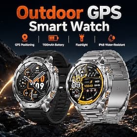 Montre connectée GPS outdoor pour homme avec appels Bluetooth, robuste et tactique, avec GPS intégré, autonomie ultra-longue (1100 mAh), lampe torche et bracel
