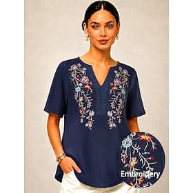Pâques Femmes Chemise Broderie Fleuri Élégant Bohème Vacances Sans manches Col en V Hauts Longs Occasionnel Quotidien Fête Vert Bleu de minuit Été Printemps