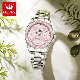 Montre femme Olevs, montre-bracelet élégante à cadran rose avec bracelet en acier inoxydable argenté, montre à quartz étanche avec guichet de date Des mains lu
