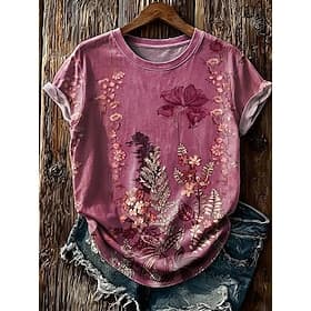 Women's T Shirt Print Floral Graphic Vintage Stylish Classic Short Sleeve Crew Neck Regular Tops Casual Daily Weekend Pink Summer Spring