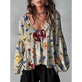 Femmes Chemise Tunique A Volants A Ombre Fleuri Graphique Élégant Bohème Vacances manche longue Col en V Hauts Réguliers Occasionnel Quotidien Bleu Blanche Jau