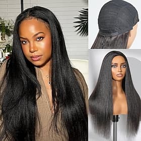 Cheveux Naturel humain Perruque Lisse Lisse Yaki Avec frange Noir Couleur naturelle Noir naturel Femmes Fabriqué à la Machine Sans bonnet Cheveux Brésiliens Fe