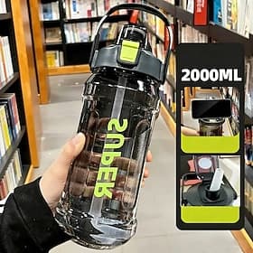 Gourde de sport avec paille intégrée, grande capacité (2 l), étanche et résistante aux chocs, avec graduation, idéale pour les voyages, le fitness et une utili