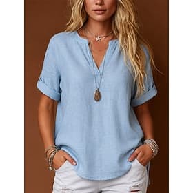 Femmes Chemisier Couleur Unie ancien Élégant Classique Manche Courte Col en V Hauts courts Occasionnel Quotidien Bleu Vert Beige Été Printemps
