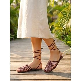 Women's Lace-up Woven Cage Sandals - Burgundy Strappy Flat Gladiator Shoes for Summer Outdoor Vacation, Beach European Trave