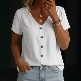 Femmes Chemise Chemisier Couleur Unie Élégant Occasionnel Manche Courte Col en V Hauts Réguliers Occasionnel Bleu Blanche Vin Kaki Été Printemps