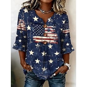 Femmes Chemise Décontractée Hauts d'été Chemisier Boutons Graphique Drapeau Américain Élégant Bohème Actif Col en V Hauts Longs Occasionnel Bleu Blanc et bleu