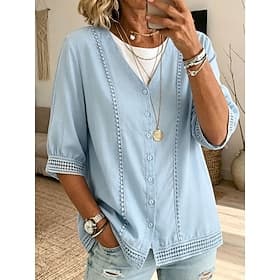 Femmes Chemisier Couleur Unie ancien Élégant Basique Manche 3/4 Col en V Hauts Réguliers Occasionnel Quotidien Bleu Été Printemps