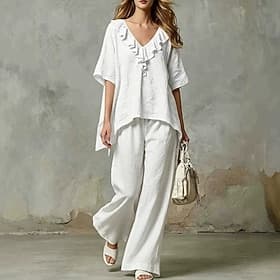 Femmes Chemise Chemisier Ensembles de Pantalons Demi Manches Col en V Couleur Unie Élégant Mode Occasionnel Quotidien Bleu vert jaunâtre Noir Été Coupe Ample