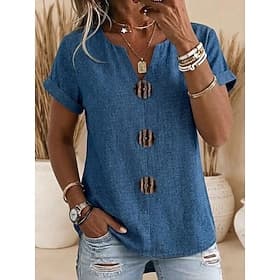 Chemisier d'été pour femme, effet denim, col V, chemise en faux denim - haut décontracté et élégant à boutons sur le devant