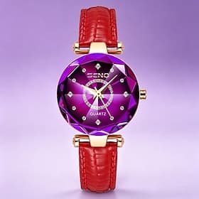 Women's Luxury Watch, Elegant Purple Faceted Crystal Face Rose Gold Ladies Wrist Watch with Red Leather Band, Quartz Analog Fashion Dress Watch for Girls, Uniq