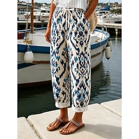 Femmes Chinos Vacances ancien Occasionnel Longueur complète Taille moyenne Graphique Géométrie Cordon de serrage Patchwork Avec Poches Confort Doux Extérieur N