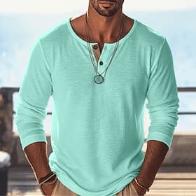 T-shirt homme effet lin, manches longues, style Henley, été printemps toutes saisons, uni, tendance, basique, classique, décontracté, vacances, streetwear, ble