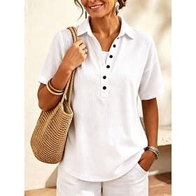 Femmes Tunique Boutons Couleur Unie Uni ancien Élégant Classique Manche Courte Col de chemise Hauts Longs Occasionnel Quotidien Bleu Noir Blanche Rose Claire R