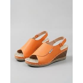 Women's Orange Open Toe Wedge Sandals – Slingback Summer Shoes with Magic Tape for Travel, Vacation and Casual Wear
