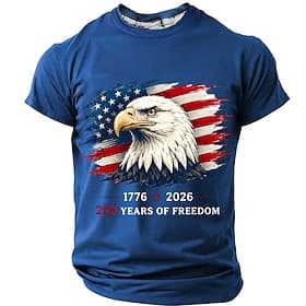 4 juillet 2026, 250e anniversaire Homme Drapeau américain T-shirt Manche Courte T-shirt Impression 3D Col ras du cou Chemise Patriotique Quotidien Festival Ble
