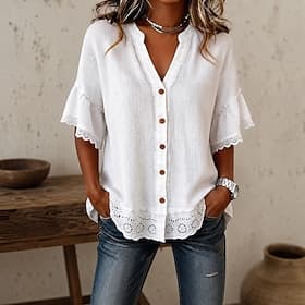 Femmes 100% Coton Haut d'épissage en dentelle Dentelle Patchwork Couleur Unie Élégant Demi Manches Encolure en V Hauts Réguliers Occasionnel Blanche Été Printe