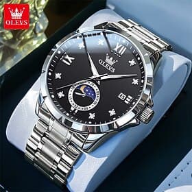 OLEVS Mens Watches Luxury Analog Quartz Sun Moon Phase Business Dress Wrist Watch Waterproof Stainless Steel Luminous Date Diamond Roman Numeral Watches for Me