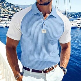 Homme Haut en Tricot Côtelé Polos de Golf Occasionnel Travail Revers Col Polo Côtelé Manche Courte Basique Moderne Bloc de Couleur Bandes verticales Boutons Tr