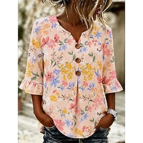 Femmes Chemise Boutons Imprimé Fleuri Graphique ancien Élégant Manche 3/4 Col en V Hauts Réguliers Occasionnel Quotidien Fête Blanche Jaune Rose Claire Été Pri
