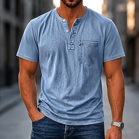 Homme Chemise Henley Chemise 100% coton délavée à l'acide T-shirt Manche Courte Uni Rétro Vintage Occasionnel Affligé Le style rétro Lavé Henley Occasionnel Pr
