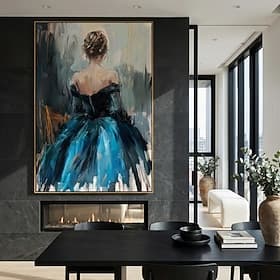 Femme en robe bleue, grande peinture figurative abstraite, portrait de femme, style impressionniste, faite main, pour une chambre à coucher et une décoration r