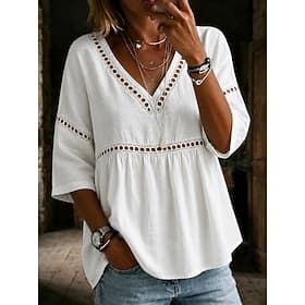 Femmes Chemise Chemisier Hauts en dentelle Patchwork Évider Couleur Unie Élégant Mode Col en V Hauts Réguliers Occasionnel Blanche Bleu Ciel Jaune Rose Claire