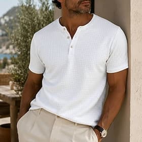 Homme T-shirt Henley gaufré T-shirt Manche Courte Couleur Unie Uni À carreaux Mode Designer Confortable Bloc de Couleur Boutons Texturé Henley Occasionnel Quot