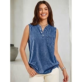 Women's 100% Cotton Henley Shirt Washed Acid Wash Vintage Washed Vintage Fashion Stylish Sleeveless Raglan Sleeves Henley Regular Tops Casual Beach Blue Purple