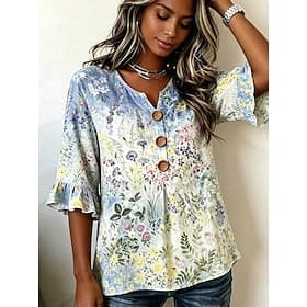 Women's Blouse Buttons Print Floral Graphic Vintage Stylish 3/4 Length Sleeve Crew Neck Regular Tops Casual Daily Going out Blue White Summer Spring
