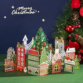 Carte de Noël 3D pop-up, scène de village de Noël avec sapin, carte de vœux artisanale pour la famille et les amis, décoration de bureau festive unique, carte