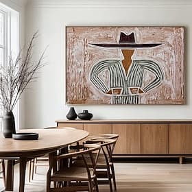 Peinture à l'huile abstraite faite main représentant un cowboy de l'Ouest, un homme buvant, un homme abstrait, une grande toile horizontale brune pour mur. Pei