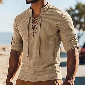Homme T-shirt T-shirt en tricot côtelé Chemise à Manches Longues manche longue Col à lacets Printemps Automne Hiver Uni Bande de Fosse Bohème Mode Designer Tri