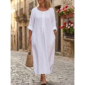 Femmes Robe maxi Robe Décontractée Robe d'été Basique Classique Quotidien Vacances Coupe Ample Uni manche longue Col ras du cou Bleu Blanche Jaune Vin Été Prin