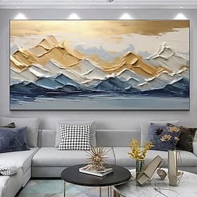 Peinture abstraite à l'huile dorée, grande toile peinte à la main représentant une chaîne de montagnes, paysage de luxe, affiche esthétique pour la décoration