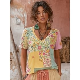 Femmes T-shirt bohème Hauts d'été Imprimé Fleuri Graphique Plantes Élégant Bohème ancien Manche Courte Col en V Hauts Réguliers Occasionnel Quotidien Sports Ro