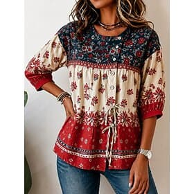 Women's Blouse Drawstring Buttons Floral Graphic Elegant Bohemia Vintage 3/4 Length Sleeve Crew Neck Long Tops Casual Red Summer Spring Fall