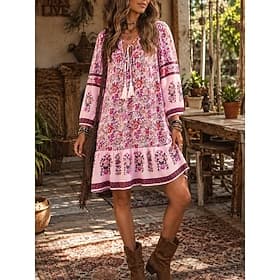 Femmes Mini robe Robe trapèze Occasionnel Plage Coupe Ample Fleuri Graphique Manche 3/4 Col en V Rose Claire Violet Vert Beige Été Printemps