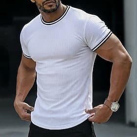 Homme T-shirt T-shirt en tricot côtelé Manches courtes Col ras du cou Été Uni Bande de Fosse Mode Designer Basique A côtes Pur Occasionnel Vacances Rue Noir Bl