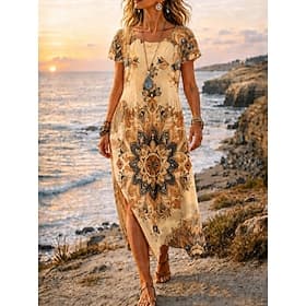 Femmes Robe Midi Robe trapèze Occasionnel Plage Coupe Ample A Ombre Graphique Géométrique Manche Courte Col ras du cou Jaune Vert Été Printemps