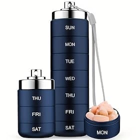 Pilulier de voyage en métal, organisateur de vitamines portable pour 7 jours, pilulier journalier empilable et étanche, grand récipient pour vitamines et huile
