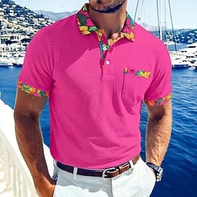Homme Polo Chemise de golf Occasionnel Fête Revers Manche Courte Mode Basique Fleuri Hawaii Patchwork Avec Poches Été Printemps Coupe régulière Noir Rose Clair