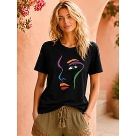 Femmes T-shirt Imprimé Graphique Mode Élégant Classique Manche Courte Col ras du cou Col rond Hauts Réguliers Occasionnel Quotidien Sports Noir Été Printemps